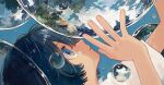  1girl arms_up black_hair blue_background blue_eyes bubble closed_mouth clouds commentary fingernails from_side highres ka_(marukogedago) original plant portrait profile shirt short_hair short_sleeves solo surreal white_shirt 