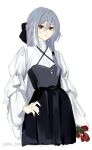  1girl alternate_costume black_bow black_dress black_nails bouquet bow closed_mouth dress earrings flower fu_hua fu_hua_(herrscher_of_sentience) grey_hair hair_between_eyes hair_bow holding holding_bouquet honkai_(series) honkai_impact_3rd jewelry long_hair looking_at_viewer multicolored_hair pleated_sleeves red_eyes red_flower red_rose rose sho_2nini simple_background single_earring solo streaked_hair twitter_username white_background white_hair wide_sleeves yellow_pupils 