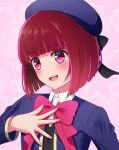 1girl :d akane_sora129 arima_kana beret blue_headwear blue_jacket blunt_bangs blush bob_cut bow collared_shirt commentary_request commission fangs hand_on_own_chest hand_up happy hat highres jacket looking_at_viewer open_mouth oshi_no_ko pink_background pink_bow red_eyes redhead shirt short_hair simple_background skeb_commission smile solo star_(symbol) teeth upper_body upper_teeth_only white_shirt 
