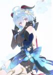  1girl ahoge asa_(1asa-0-asa1) back_bow bare_shoulders black_bow black_gloves blue_bow blue_dress blue_flower blue_gemstone blue_hair blush bow bracelet closed_mouth detached_sleeves dress flower ganyu_(genshin_impact) ganyu_(twilight_blossom)_(genshin_impact) gem genshin_impact gloves goat_horns gold_bracelet gold_trim hair_between_eyes hair_bow hair_flower hair_ornament hands_up highres horns jewelry long_sleeves looking_at_viewer multicolored_eyes official_alternate_costume seiza short_hair sidelocks simple_background sitting smile solo sparkle tassel violet_eyes vision_(genshin_impact) white_background white_flower yellow_eyes 