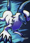  absol absurdres animal_focus blue_background claws closed_mouth commentary fangs forehead_jewel highres horns no_humans pokemon pokemon_(creature) red_eyes signature single_horn tanpakuroom white_fur 