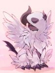  absol asymmetrical_horns bad_id bad_pixiv_id claws closed_mouth hair_over_one_eye horns mega_absol no_humans papiko_(tsuzukick) pink_background pokemon pokemon_(creature) red_eyes simple_background tail white_fur white_wings wings 