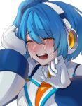  1girl blue_eyes blush closed_eyes crying highres mega_man_(series) mega_man_x_(series) mega_man_x_dive myamata_no necktie rico_(mega_man) robot_ears short_hair side_ponytail simple_background solo tears upper_body white_background 