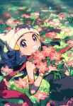  1girl beanie black_hair blue_eyes blue_hair bracelet chueog eyelashes flower grass hair_ornament hairclip hat highres hikari_(pokemon) holding holding_flower jewelry long_hair looking_at_viewer on_grass pink_flower pokemon scarf shirt skirt sleeveless smile solo sunlight white_headwear 