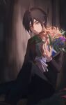  1boy absurdres ahoge black_hair black_jacket black_pants bouquet brown_eyes closed_mouth danganronpa_(series) danganronpa_v3:_killing_harmony flower fu_ga_(vivi912912) hair_between_eyes highres holding holding_bouquet jacket long_sleeves male_focus pants red_flower saihara_shuichi short_hair solo 