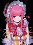  1girl :d ascot bare_shoulders black_background bow bowtie character_request gloves hand_up headdress highres hyulyeol kimi_ga_shine medium_hair pale_skin pink_background pink_eyes pink_hair red_bow red_bowtie shirt slit_pupils smile solo striped_clothes striped_shirt upper_body white_ascot white_gloves 