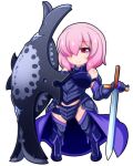  1girl armored_leotard bare_shoulders breasts chibi elbow_gloves fate/grand_order fate_(series) gloves hair_over_one_eye large_breasts looking_at_viewer mash_kyrielight oborotsuki_kakeru pink_eyes pink_hair purple_gloves purple_thighhighs shield short_hair smile solo sword thigh-highs weapon 