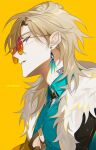  1boy artist_name aventurine_(honkai:_star_rail) black_collar black_vest blonde_hair blue_eyes blue_shirt brown-framed_eyewear clothing_cutout collar collared_shirt earrings fur_trim gold_trim hair_between_eyes heart_cutout highres honkai:_star_rail honkai_(series) jewelry long_sleeves looking_at_viewer male_focus multicolored_eyes open_clothes open_vest orange-tinted_eyewear orange_background shirt short_hair simple_background single_earring solo sparkle standing sunglasses teeth tinted_eyewear toru8w8 upper_body vest violet_eyes 