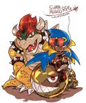  2boys artist_name blue_cape bowser cape chain_chomp commentary copyright_name fukafukarpg geno_(mario) highres horns looking_at_viewer multiple_boys open_mouth redhead sharp_teeth simple_background smoke spikes super_mario_bros. super_mario_rpg symbol-only_commentary teeth white_background 