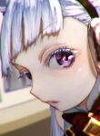  1girl absurdres animal_ears bare_shoulders blurry blurry_background bow commentary_request ear_bow eyelashes fisheye gold_ship_(umamusume) grey_hair highres horse_ears horse_girl long_hair looking_at_viewer no_uwazumi parted_lips red_bow solo umamusume upper_body violet_eyes 