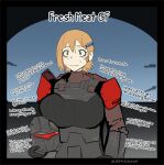  1girl armor blonde_hair blue_eyes breasts english_text frown helldiver_(helldivers) helldivers_(series) helmet jeffodraws large_breasts original pauldrons scared short_hair shoulder_armor signature solo space spacecraft sweat 
