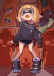  1girl black_shorts blonde_hair blue_eyes bullying crying crying_with_eyes_open dolphin_shorts eyebrow_cut fangs highres inkling_girl inkling_player_character locker noamem open_mouth pointy_ears scared shadow shoes shorts single_bare_shoulder smallfry_(splatoon) sneakers splatoon_(series) sweater tears tentacle_hair unworn_headwear wavy_eyes 