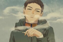  1girl androgynous brown_hair chengongzi123 cigarette genderswap genderswap_(mtf) golden_kamuy green_eyes green_jacket grey_background hand_up highres holding holding_cigarette hood hooded_jacket jacket long_sleeves looking_at_viewer military_uniform open_mouth short_hair smoke smoking solo tsukishima_hajime uniform upper_body very_short_hair 