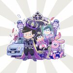  2boys alternate_costume atsushi_(osomatsu-san) blush cape car character_doll crossed_arms crown garara382 jitome king looking_at_viewer male_focus matsuno_todomatsu motor_vehicle multiple_boys osomatsu-san photo_(object) pillar smile solo stuffed_animal stuffed_toy throne v 