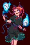 1girl animal_ears blue_fire braid cat_ears cat_girl cat_tail cowboy_shot dress fire frilled_dress frills green_dress kaenbyou_rin multiple_tails open_mouth pixel_art potemki11 puffy_short_sleeves puffy_sleeves red_background red_eyes red_nails redhead short_sleeves skull smile solo tail touhou twin_braids two_tails 