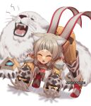  1girl animal_ear_fluff animal_ears arched_bangs artist_name blurry blurry_background cat_ears claws closed_eyes commentary_request dromarch_(xenoblade) eyelashes gloves grey_hair jumpsuit kamaniki medium_hair nia_(xenoblade) sample_watermark sharp_teeth teeth top-down_bottom-up twitter_username watermark whiskers white_fur white_gloves xenoblade_chronicles_(series) xenoblade_chronicles_2 yawning yellow_jumpsuit 
