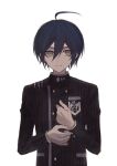  1boy absurdres ahoge black_hair breast_pocket brown_eyes buttons closed_mouth danganronpa_(series) danganronpa_v3:_killing_harmony double-breasted fu_ga_(vivi912912) hair_between_eyes highres jacket long_sleeves male_focus pocket saihara_shuichi simple_background solo striped_clothes striped_jacket upper_body white_background 