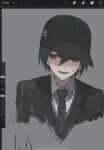  1boy :d black_headwear black_jacket blush collared_shirt cropped_torso danganronpa_(series) danganronpa_v3:_killing_harmony fu_ga_(vivi912912) grey_shirt highres jacket male_focus necktie official_alternate_costume saihara_shuichi shirt smile striped_necktie sweat 