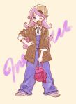  1girl alternate_costume bag beret blue_overalls brown_jacket closed_mouth commentary_request doughnut food full_body hand_on_own_hip hat highres holding holding_bag jacket kiratto_pri_chan long_hair long_sleeves looking_at_viewer mouth_hold neck_ribbon nikki_(nikipopo) one_eye_closed overalls pink_bag pretty_series purple_hair ribbon shido_mel shirt solo standing violet_eyes white_shirt yellow_background 
