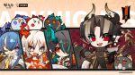  1boy 3girls arknights black_hair blue_hair chong_yue_(arknights) dragon_bubble_(arknights) dusk_(arknights) eating food grey_hair highres holding holding_food horns ling_(arknights) long_hair looking_at_viewer multiple_girls nian_(arknights) official_art red_eyes sleeping tail violet_eyes 