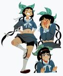  1girl black_eyes black_hair black_shorts blue_shirt blue_skirt blush bow chabashira_tenko closed_eyes closed_mouth commentary danganronpa_(series) danganronpa_v3:_killing_harmony english_commentary green_bow hair_bow hands_on_own_cheeks hands_on_own_face highres layered_skirt long_hair looking_at_viewer midriff mole mole_under_mouth multiple_views mutie_(timestables) navel sailor_collar sandals shirt shorts shorts_under_skirt simple_background skirt socks standing standing_on_one_leg twintails very_long_hair white_background white_socks 