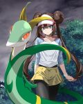  1girl aqua_eyes black_pantyhose blue_shirt brown_hair clouds cloudy_sky collarbone double_bun floating_hair frown hair_between_eyes hair_bun highres long_hair looking_at_viewer outdoors pantyhose pantyhose_under_shorts pokemon pokemon_(creature) pokemon_bw2 raglan_sleeves rosa_(pokemon) serperior shirt short_shorts shorts sky tsukishiro_saika twintails two-tone_shirt very_long_hair visor_cap white_headwear white_shirt yellow_shorts 