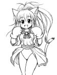  1girl animal_ears animal_hands bell breasts cat_ears cat_paws cat_tail gloves greyscale kazuma_(ginneko-doori_sanchoume) large_breasts melody_sinclair monochrome paw_gloves paw_shoes ponytail ribbon smile solo tail tail_ornament tail_ribbon wide_ponytail yuukyuu_gensoukyoku 