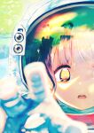  1girl absurdres astronaut blurry close-up commentary crying depth_of_field english_commentary highres inami_hatoko open_mouth original pink_hair reaching reaching_towards_viewer solo teeth upper_teeth_only yellow_eyes zero_gravity 
