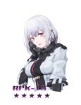  1girl black_ribbon blush breasts character_name cropped_arm cropped_torso girls_frontline hair_ribbon hand_on_own_face highres kukurus looking_at_viewer parted_lips ribbon rpk-16_(girls&#039;_frontline) short_hair smile solo star_(symbol) violet_eyes white_background white_hair 