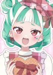  1girl :d blunt_bangs box chii_(chi_pppuri) chimumu double_bun frilled_hairband frills gift gift_box green_hair hair_bun hairband hands_up heart-shaped_box highres holding holding_gift looking_at_viewer multicolored_hair open_mouth pink_background pretty_series red_eyes red_hairband ribbon_earrings shirt short_hair sidelocks smile solo star_sticker streaked_hair upper_body waccha_primagi! white_hair white_shirt 
