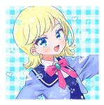  1girl :d blonde_hair blue_background blue_eyes blue_jacket border chii_(chi_pppuri) collared_shirt commentary_request cropped_jacket highres himitsu_no_aipri hoshikawa_mitsuki jacket long_sleeves looking_at_viewer neck_ribbon open_mouth pink_ribbon pretty_series ribbon school_uniform shirt short_hair smile solo upper_body white_border white_shirt 