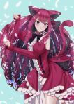  1girl animal_ears aowasa baobhan_sith_(fate) bare_shoulders blush bow breasts cat_ears cat_girl cat_tail detached_sleeves dress fate/grand_order fate_(series) feathers frills grey_eyes large_breasts long_hair multiple_tails paw_pose red_dress redhead solo tail two_tails 