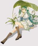  1girl aqua_eyes aqua_hair banana_leaf boots brown_footwear dress full_body fur-trimmed_boots fur_trim grey_background hand_up hatsune_miku highres holding holding_leaf leaf long_sleeves looking_to_the_side panties pantyshot rabbit shadow simple_background sitting snowflake_print solo underwear vocaloid white_dress white_fur wide_sleeves yue_yue yuki_miku yuki_miku_(2015) 