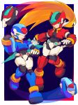  1girl absurdres aile_(mega_man_zx) arm_cannon black_bodysuit blonde_hair blue_footwear bodysuit boots brown_hair cropped_jacket energy_sword floating forehead_jewel green_eyes highres holding holding_sword holding_weapon long_hair mega_man_(series) mega_man_zx model_x_(mega_man) model_z_(mega_man) model_zx_(mega_man) red_footwear short_hair sword touhou3939 weapon 