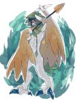  arrow_(projectile) beak brown_feathers commentary_request decidueye feathers green_background green_hood highres holding holding_arrow intminevoid pokemon pokemon_(creature) red_eyes talons two-tone_background white_background white_fur wings 