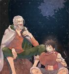  2boys aco_peda bandaid bandaid_on_arm bandaid_on_face beard black_hair blue_shorts cape commentary eating facial_hair glasses green_shorts hair_slicked_back holding hood hooded_cape looking_at_another male_focus medium_hair monkey_d._luffy multiple_boys night one_piece open_clothes open_mouth open_shirt orange_shirt red_shirt scar scar_across_eye scar_on_face shirt short_hair shorts signature silvers_rayleigh sitting smile white_cape white_hair 