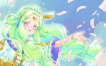  1girl blue_skirt commentary_request floating floating_object forehead_jewel green_hair hand_up headphones jewlie_(pripara) long_hair looking_at_viewer low-tied_long_hair open_mouth parted_bangs pretty_series pripara puffy_sleeves skirt smile solo sparkle ticket upper_body very_long_hair yu_(prpyuu) 