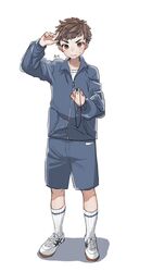  1boy blue_jacket blue_shorts blush closed_mouth full_body highres holding_stopwatch jacket looking_at_watch male_focus original shoes short_hair shorts simple_background socks solo standding stopwatch sweatdrop track_jacket white_background white_footwear white_socks yabuki_sun 