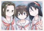  3girls black_hair blue_eyes border brown_eyes brown_hair clenched_teeth commentary_request glasses hair_between_eyes hairband hand_on_another&#039;s_shoulder hitotsubashi_yurie inami_hatoko kamichu! long_hair looking_at_viewer multiple_girls neckerchief one_eye_closed red_hairband red_neckerchief saegusa_matsuri sailor_collar school_uniform serafuku shijou_mitsue shirt short_hair sidelocks teeth w white_border white_sailor_collar white_shirt 