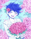  1boy blush bouquet collarbone colored_skin fingernails flower hero_(headspace)_(omori) hero_(omori) highres holding holding_bouquet long_sleeves male_focus official_art omocat omori pajamas pink_flower pink_rose purple_hair rose short_hair solo teeth upper_teeth_only white_skin 