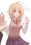  1boy 1girl absurdres ahoge akamatsu_kaede breasts collared_shirt d: danganronpa_(series) danganronpa_v3:_killing_harmony fu_ga_(vivi912912) hair_ornament hands_up highres large_breasts long_hair long_sleeves musical_note musical_note_hair_ornament musical_note_print pink_eyes pink_sweater pink_sweater_vest pov purple_skirt shirt skirt solo_focus spoken_blush sweater sweater_vest white_shirt 