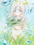  1girl absurdres angel angel_wings blue_eyes dress expressionless fish grass halo highres long_hair looking_at_viewer original painting_(medium) solo surreal tall_grass tetora_u_u traditional_media water watercolor_(medium) white_dress white_hair wings 