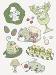  alcremie apple_print book bow bowtie bright_pupils brown_eyes cherry colored_skin cup curled_horns dark_skin food fruit glass green_skin green_theme highres horns lamp larvitar leaf no_humans olive open_book pokemon pokemon_(creature) politoed reading red_bow red_bowtie red_eyes reuniclus smoliv solid_oval_eyes substitute_(pokemon) sumi_fms wavy_mouth whimsicott white_pupils 