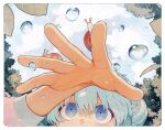  1girl animal_on_hand blue_eyes blue_hair border close-up clouds commentary day dilated_pupils hair_between_eyes hair_bun hand_focus hand_up highres ka_(marukogedago) long_sleeves mouth_out_of_frame original outdoors pink_shirt shirt snail solo tree water_drop white_border 