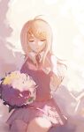  1girl absurdres ahoge akamatsu_kaede bouquet closed_eyes collared_shirt danganronpa_(series) danganronpa_v3:_killing_harmony facing_viewer flower fu_ga_(vivi912912) hair_ornament highres holding holding_bouquet long_hair miniskirt musical_note musical_note_hair_ornament parted_lips pink_flower pink_skirt pink_sweater_vest pleated_skirt shirt sitting skirt solo sweater_vest teeth white_background white_shirt 