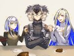  1boy 2girls aslaug_(fate) black_hair black_sweater blue_hair bright_pupils brynhildr_(fate) cake chocolate_cake colored_inner_hair commentary_request crossed_arms diagonal_bangs fate/grand_order fate_(series) food fork glasses green_eyes highres holding holding_fork kashia looking_at_another multicolored_hair multiple_girls open_mouth parody sigurd_(fate) sweater the_weaker_sex_1_(gibson) two-tone_hair violet_eyes white_hair white_pupils 