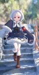  1girl absurdres animal_hood armband azur_lane binoculars blue_coat blue_eyes boots capelet chang_chun_(azur_lane) coat cross-laced_footwear fur-trimmed_boots fur-trimmed_hood fur-trimmed_skirt fur-trimmed_sleeves fur_trim hand_up highres hood hood_up hooded_capelet looking_at_viewer pantyhose parted_lips red_armband skirt sleeves_past_fingers sleeves_past_wrists stairs standing standing_on_one_leg starnight_stuka tiger_hood very_long_sleeves walking white_background white_pantyhose 