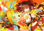  1girl black_gloves blush bow brown_hair double_bun dragon eastern_dragon fingerless_gloves girls&#039;_frontline_neural_cloud girls_frontline gloves gwendolynstore hair_bow hair_bun highres jiangyu_(neural_cloud) long_hair multicolored_background multiple_hairpins open_mouth red_bow red_eyes smile twintails type_97_(girls&#039;_frontline) upper_body 