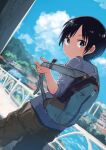  1girl backpack bag black_hair blue_sky blurry blurry_background blush brown_pants building closed_mouth clouds commentary_request depth_of_field dutch_angle highres inami_hatoko kurosaki_honoka looking_at_viewer pants river shadow short_hair sky sleeves_past_elbows solo yama_no_susume 