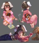 1girl alcohol animal_ears barefoot black_hair black_hakama blush choko_(cup) closed_mouth commentary cup drinking_glass english_commentary flat_chest floppy_ears full_body grey_background hair_between_eyes hakama hakama_skirt highres holding holding_cup inaba_tewi invisible_chair japanese_clothes kimono long_bangs looking_at_viewer lying medium_hair multiple_views on_stomach one_eye_closed open_mouth phonograph pink_kimono rabbit rabbit_ears rabbit_girl rabbit_tail red_eyes sake seiza simple_background sitting skirt smile tail tea tlobtr tokkuri touhou wine wine_glass yunomi 